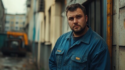 A tired, plump man in a blue work shirt stands somberly in urban backdrops, leaning against worn walls, in gloomy tones. Expressions of fatigue and reflection dominate his demeanor amidst gritty 