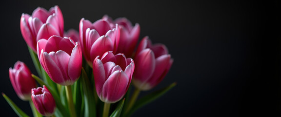 Obraz premium Bright tulips showcased against a dark backdrop, perfect for elegant text overlays and creative banners.