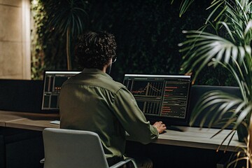 An analyst uses a computer and dashboard for data business analysis and Data Management System,...