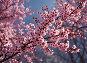 Fototapeta premium Cherry tree branches with blossoming branches and leaves, environment, branch, leafy