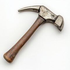 A vintage claw hammer with a curved metal head and weathered wooden handle on a white background 