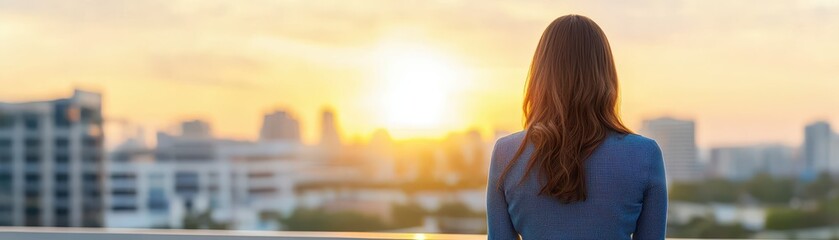 A woman gazes at a vibrant sunset over a cityscape, capturing a moment of reflection and tranquility.