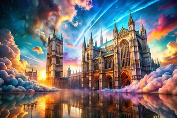 Obraz premium Surreal Westminster Abbey: Dreamlike Gothic Architecture, London Landmark, Fantasy Photography, Spiritual Majesty, Mysterious Cathedral