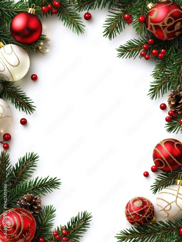 Wall mural christmas border of red green and white ornaments and branches isolated on a white background frame 