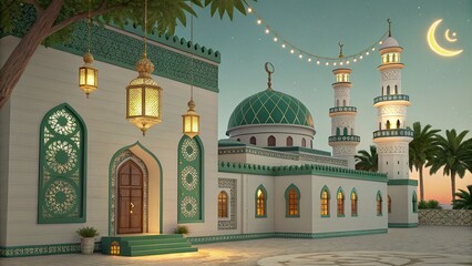Photo Ramadan Glow Mosque Moon and Bokeh islamic ramadan eid mubarak kareem mosque background