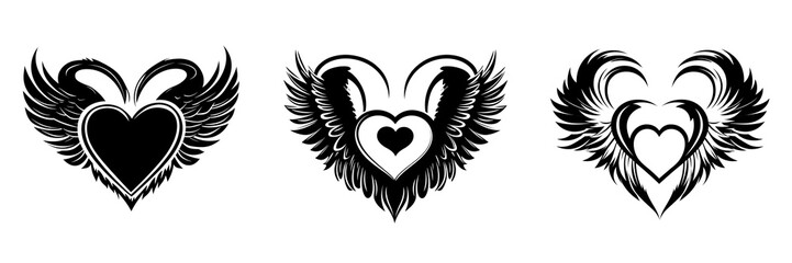Fototapeta premium Set of A Heart with angel wings and halo vector logo, simple black, PNG format Background 