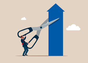 Businessman uses scissors to cut up arrow with scissors. Business decline, competition. Modern vector illustration in flat style