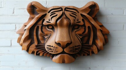 Intricate wooden tiger head wall art. (1)