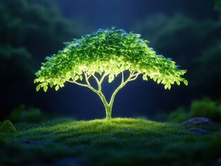 Fototapeta premium A luminous tree shines brightly in a tranquil setting, surrounded by soft greenery, creating an enchanting and serene atmosphere.