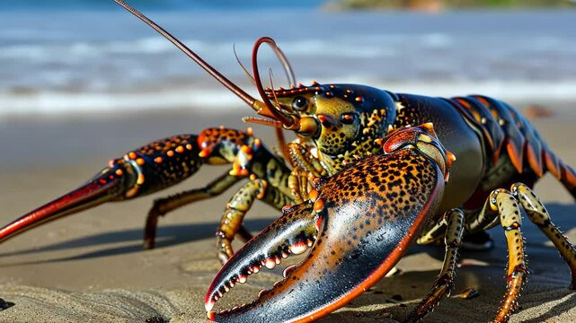 A colorful lobster crawls across sandy shores, its mottle patterns glistening in the sunlight as gentle waves lap at the beach under a clear blue sky.
