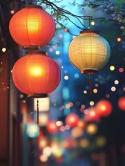 Colorful hanging lantern traditional Asian decor on blurred street. Chinese lantern festival. New Year abstract greeting background with copy space. Design for poster, card, banner