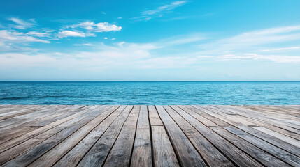 Serene Ocean View from Wooden Deck under a Bright Sky with Minimal Clouds Invoking Peace and Tranquility in Coastal Paradise
