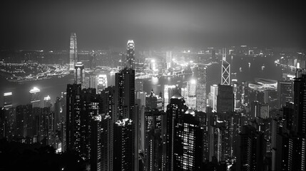 Obraz premium Cityscape Black And White. Hong Kong Night Cityscape in Stunning Monochrome