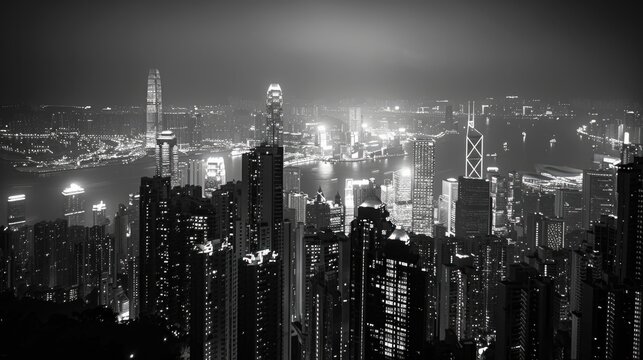 Fototapeta Cityscape Black And White. Hong Kong Night Cityscape in Stunning Monochrome