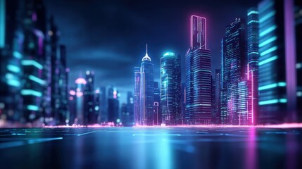 Futuristic city skyline at night with glowing neon lights and reflective water in a sci-fi urban landscape