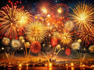 Explosive panoramic fireworks ignite the night sky, a fiery gold and red bokeh spectacle.