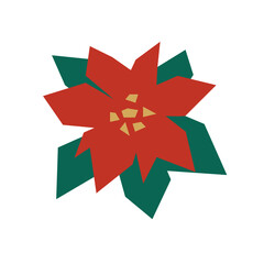 Poinsettia in flat style. Christmas flower in red and green color. Stylized flower cut out. Vector illustration isolated on white.