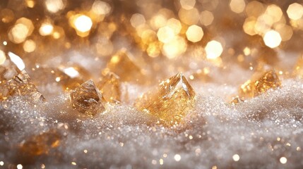 Festive abstract magic winter landscape with snow and golden bokeh lights. Banner, Panorama, New Year, Anniversary