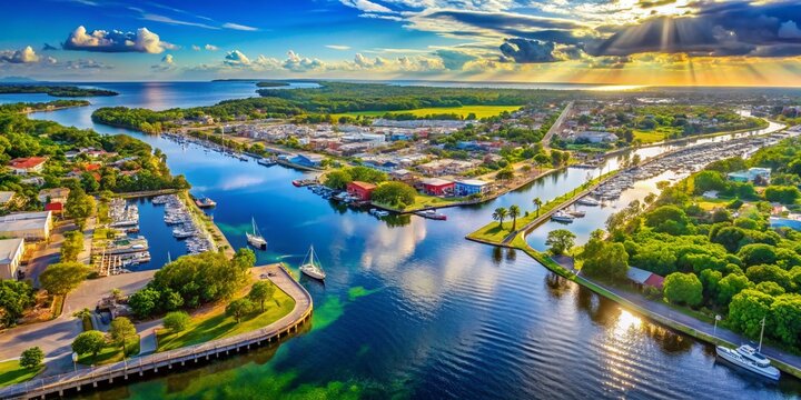 Tarpon Springs Florida Aerial Map Landscape, Scenic Coastal Cityscape,  Beautiful Spring Water, Anclote River, Sponge Docks,  Florida Nature Photography