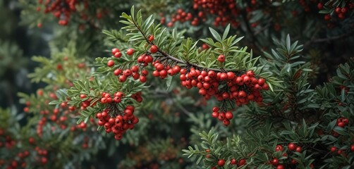 Bright red berries of Cotoneaster dammeri scattered among the needles of a coniferous tree, bright red berries, coniferous