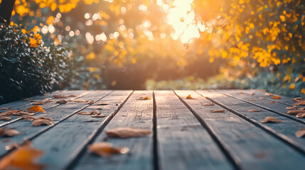 Tranquil wooden pathway in autumn forest with fallen leaves, sunlight shining through trees creating warm atmosphere, peaceful nature escape for relaxation