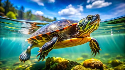 Fototapeta premium Terrapin Turtle Underwater Photography, Aquatic Reptile, Pond Turtle, Shell, Wildlife, Nature, Freshwater Turtle, Close-up, Animal Portrait, Reptile Photography, Turtle in Water, 