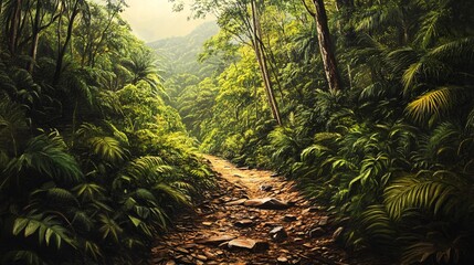 Fototapeta premium A serene jungle pathway invites exploration through lush green foliage and rocky terrain.