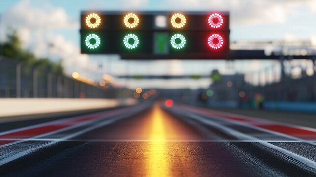 A dynamic view of a racetrack with traffic lights signaling the start of a high-speed race.