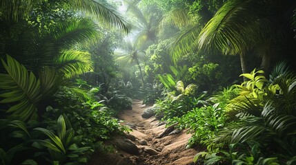 Fototapeta premium Lush green jungle path surrounded by vibrant tropical foliage and soft sunlight filtering through the leaves.