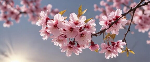 Obraz premium Cherry blossom branch with leaves and stems in soft natural light, stems, flora, flowers