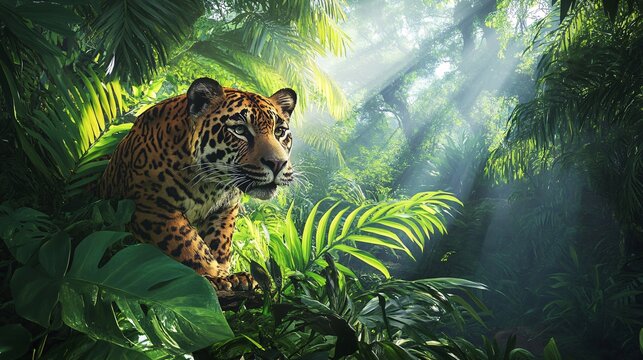 A majestic jaguar poised among lush green foliage in a vibrant jungle, illuminated by soft sunlight.