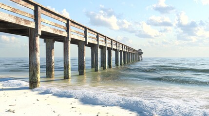 A weathered wooden pier extends over calm waters, creating a serene coastal view with gentle waves and a blue sky.