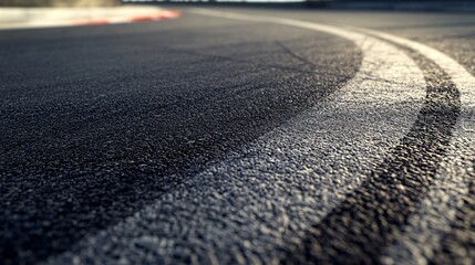 Close-up of a racetrack curve highlighting tire marks and texture.