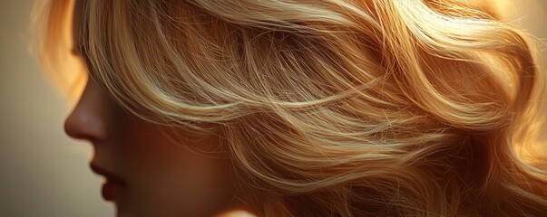 Naklejka premium Beautiful golden hair cascading elegantly against a soft illuminated background