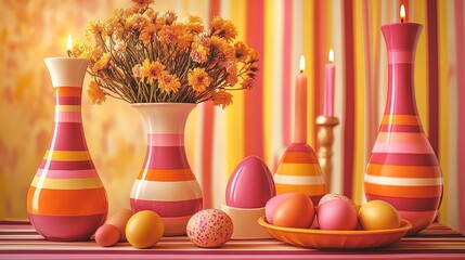 elegant easter table setup: pastel-colored eggs, flowers, and candles - perfect for your spring decor as a stylish poster for home or event spaces!