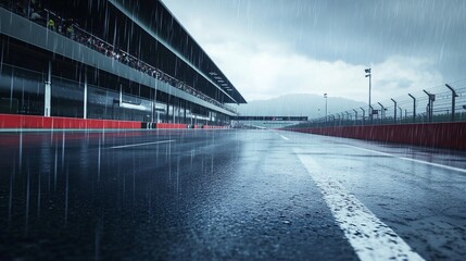 A dramatic view of a wet racetrack, reflecting the overcast sky, with rain falling on the empty grandstands.