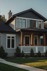 Fototapeta premium Gray Two-Story House with Porch and Landscaping