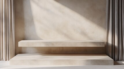 Minimalist beige display with soft curtains creating a serene and elegant atmosphere.