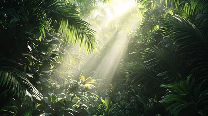 A serene jungle scene with sun rays piercing through lush green foliage.