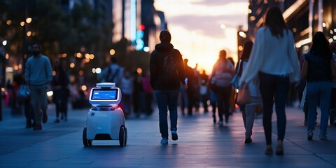 Small robot navigating a busy city street at sunset, surrounded by pedestrians.