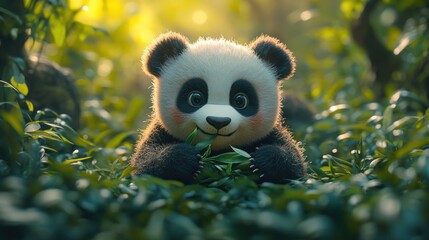 Obraz premium A cute panda cub playfully munching on bamboo in a lush, green forest setting.