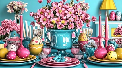 elegant easter table setup: pastel-colored eggs, flowers, and candles - perfect for your spring decor as a stylish poster for home or event spaces!