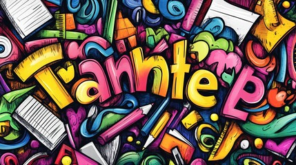 Colorful and vibrant illustration featuring playful school supplies and artistic elements, showcasing creativity and learning.