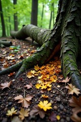 Fototapeta premium Beetle kill on the ground under a fallen tree, forest decline, forest floor