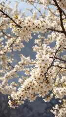 blooming cherry blossom tree branches in full bloom with pale yellow and white flowers, branch details, light airy atmosphere, delicate textures