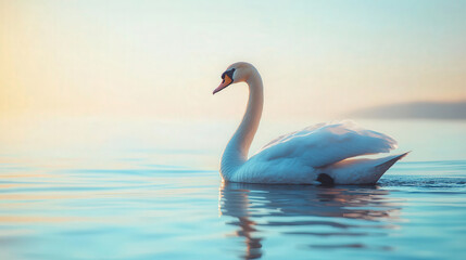 Naklejka premium Graceful White Swan Gliding Smoothly on Tranquil Water at Sunrise with Soft Colors and Gentle Ripples Creating a Serene Atmosphere in Nature