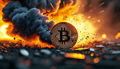 Crypto currency market, gold bitcoin in front of a cinematic explosion, crypto boom, digital investment, finance, crypto, bitcoin hype, market boom, high bitcoin price, all time high, market peak
