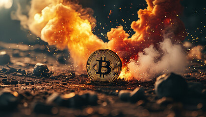 Crypto currency market, gold bitcoin in front of a cinematic explosion, crypto boom, digital investment, finance, crypto, bitcoin hype, market boom, high bitcoin price, all time high, market peak