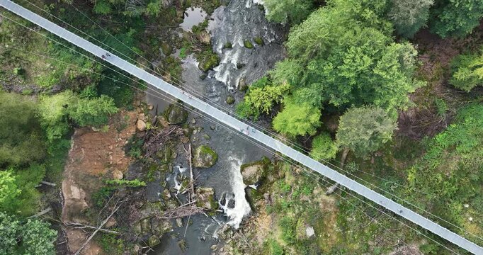 Aerial drone video on the nature and Hangebrucke Irreler Wasserfalle.