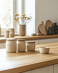 Stylish kitchen arrangement with ceramic jars and a small bowl on a wooden countertop near a bright window